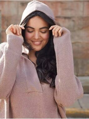 aerie Waffle-Knit Hooded Sweater in Dusty Mauve